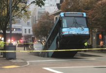 “భారీ గుంతలో బోల్తా పడ్డ బస్సు”..!